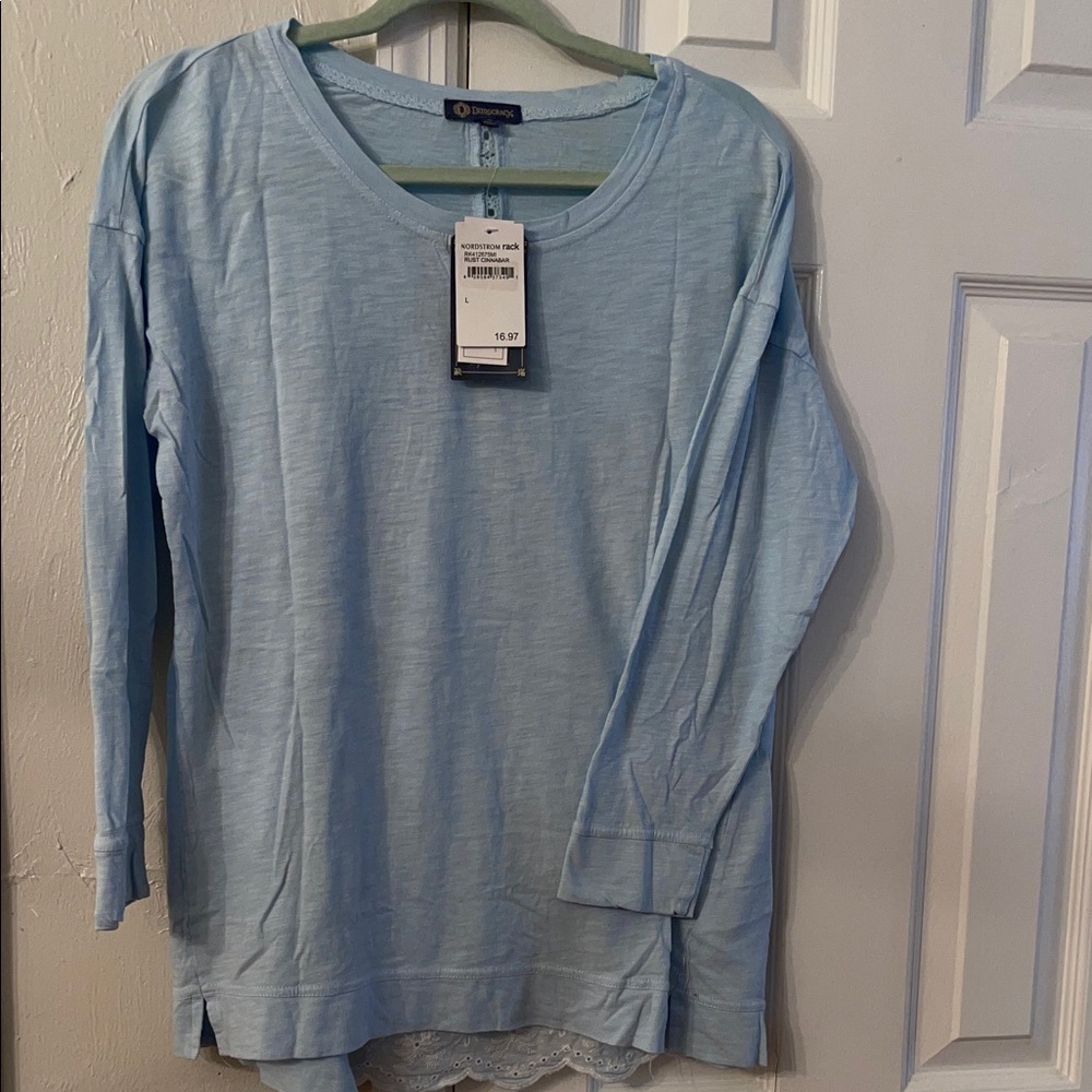 NWT Democracy Light Blue Long Sleeve Top with Stiched Details